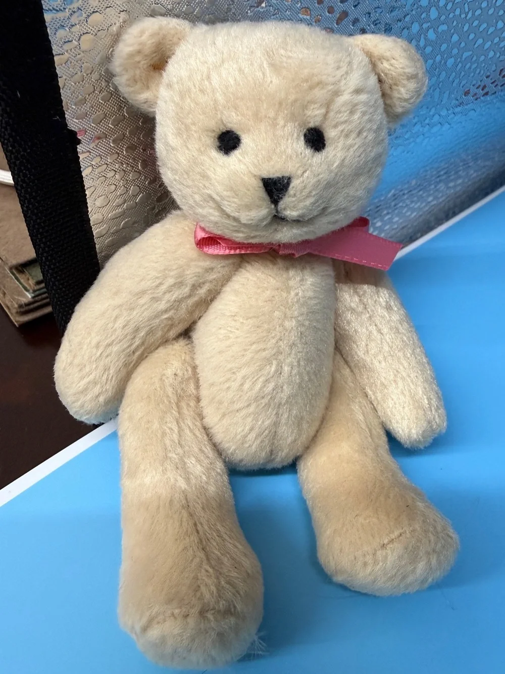 American Girl Plush Bitty Bear with Pink Ribbon, code #9851 retired, jointed.